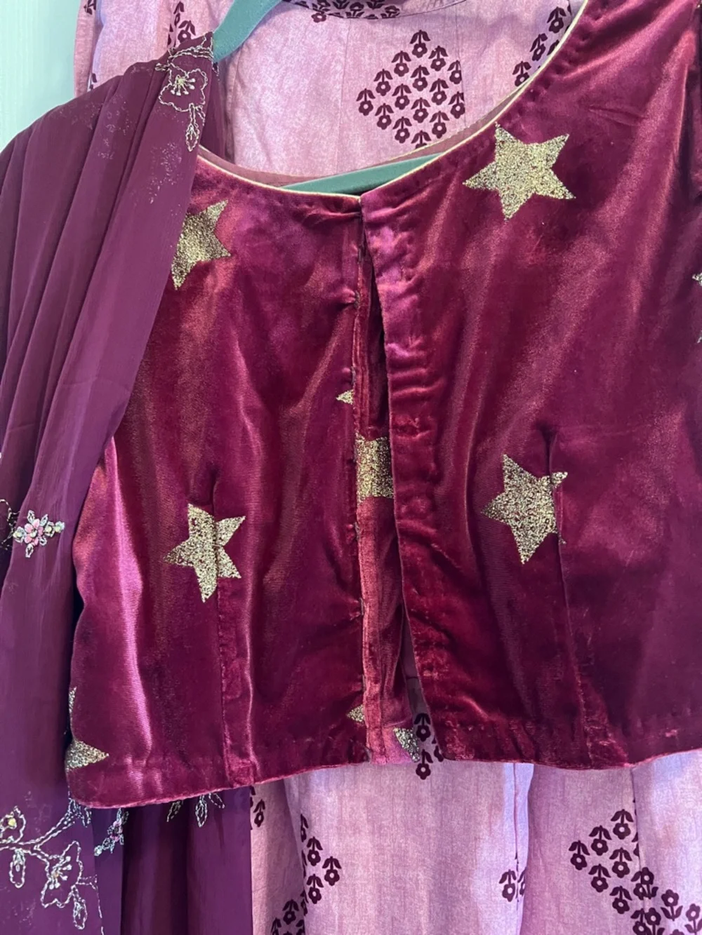 Burgundy and Pink Embroidered Lehenga Set - Picture 7 of 7